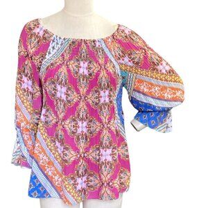 Spense Bell Sleeve Crinkle BOHO Peasant Top Colorful Mixed Pattern Sz M 75i